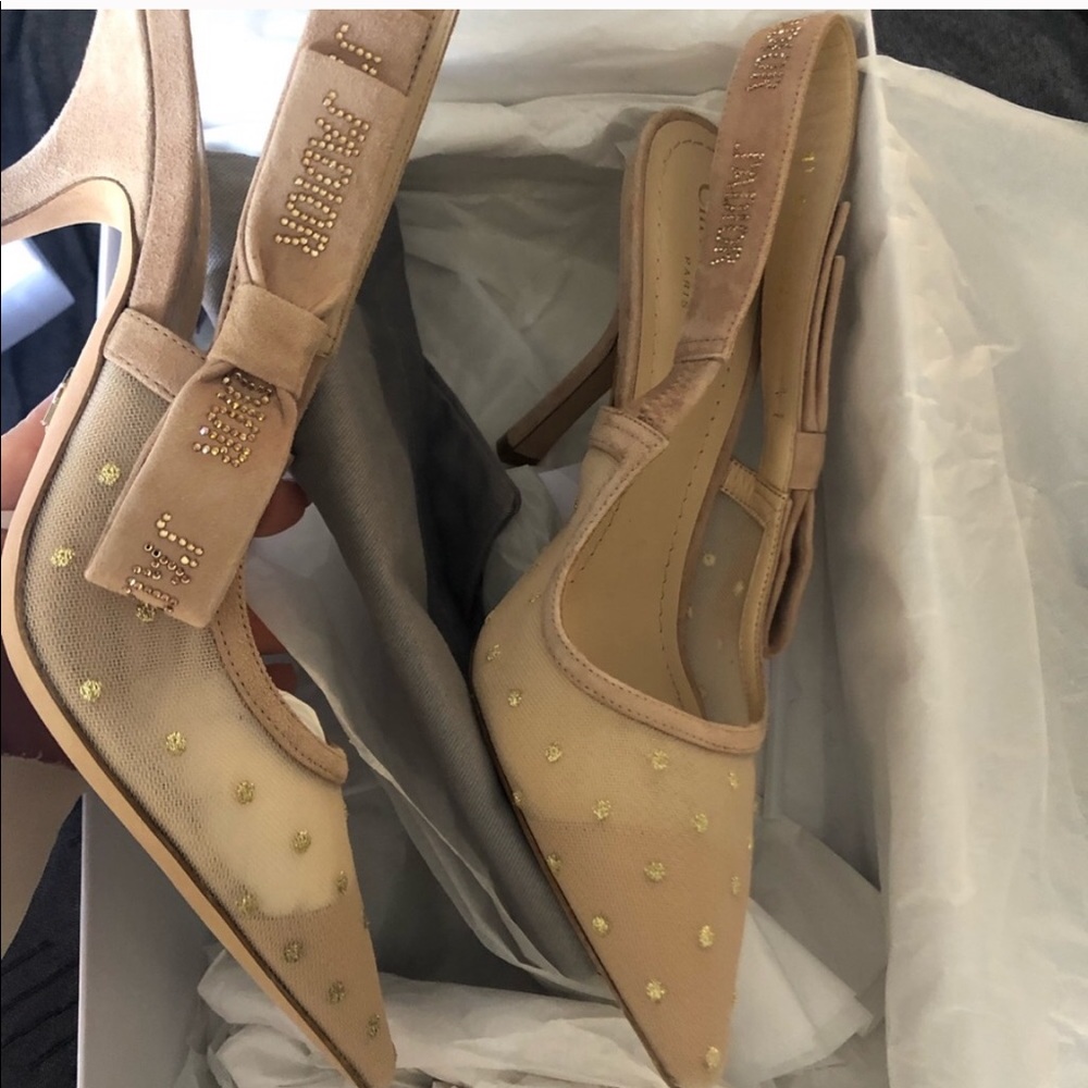 j’adior dotted Swiss tulle clay and gold heels - Picture 2 of 5